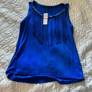 Womens Anne French, blue blouse. U neck, with fringes